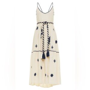 Ivory/Navy Embroidered Maxi Linen Dress w/ Belt